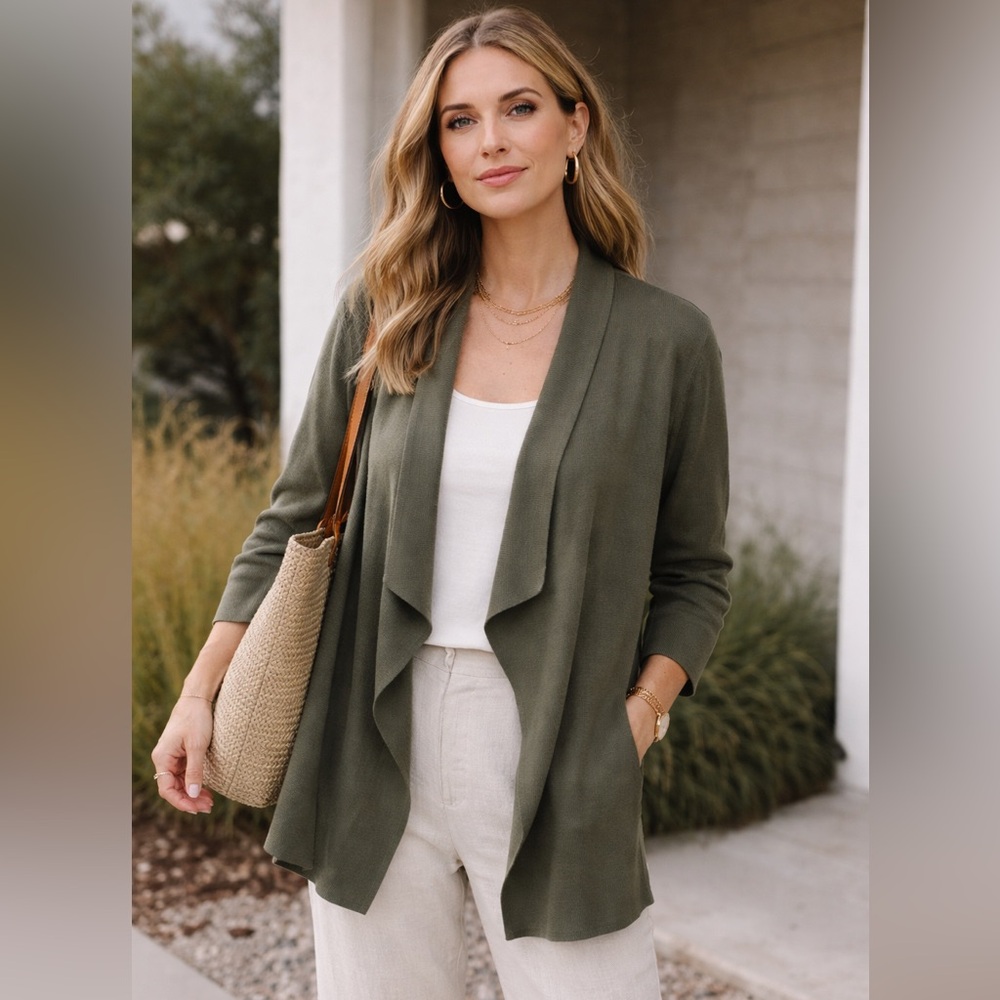 Eileen Fisher Green Silk/Organic Cotton Open‎ Front Cardigan Minimalist Sz L